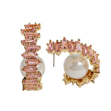 Load image into Gallery viewer, Pink Rhinestone and Pearl Statement Hoop Earrings
