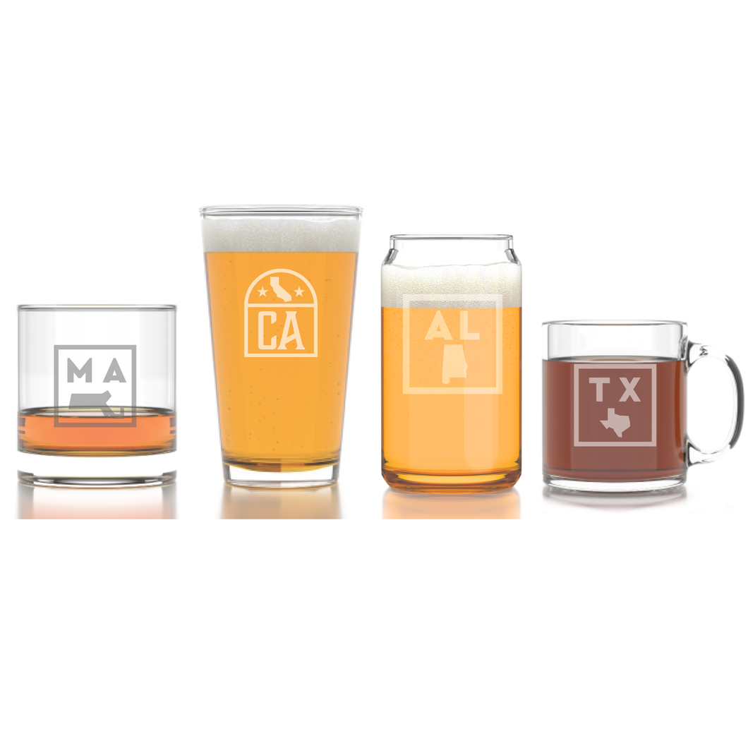 Massachusetts Square State Emblem Etched Bourbon Whiskey Rocks Glass