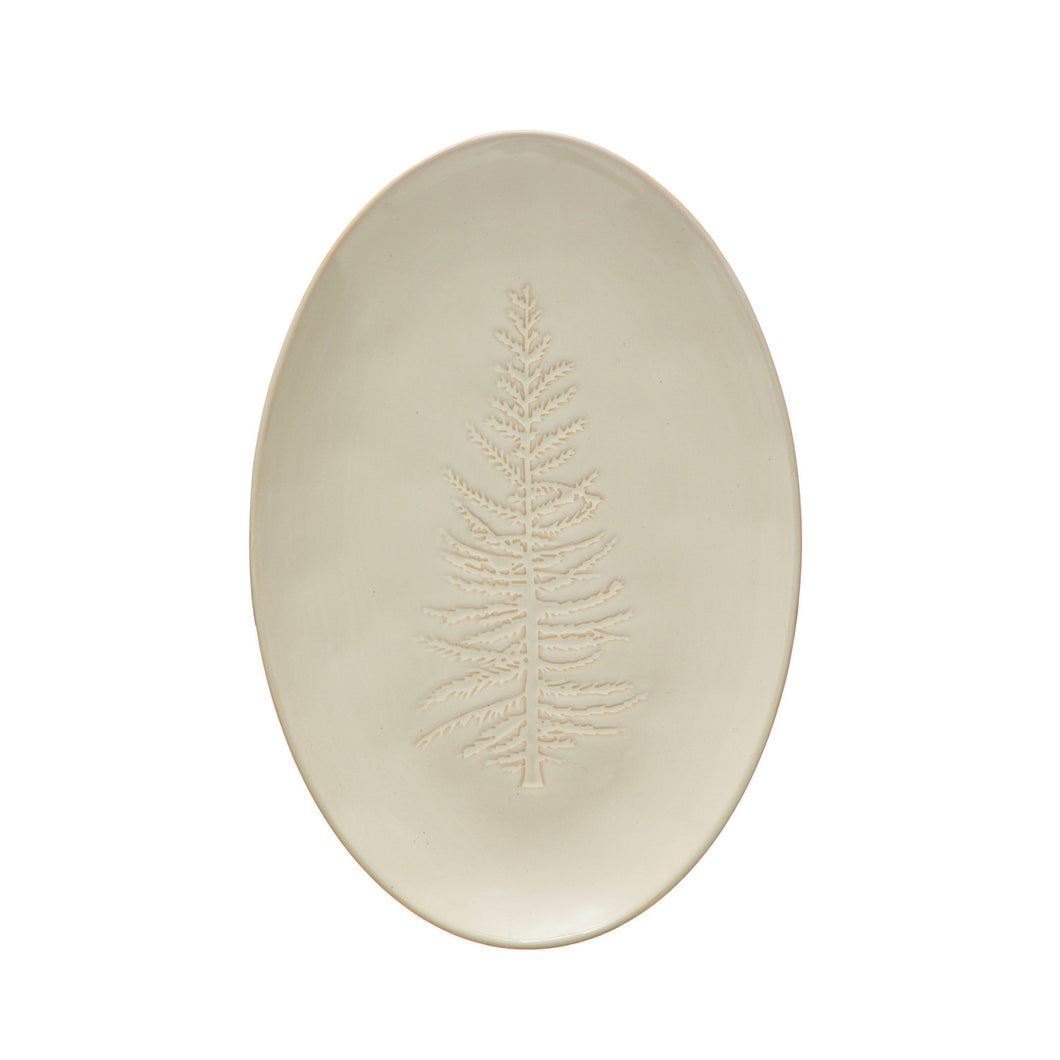 Oval Debossed Stoneware Platter with Tree Design, White