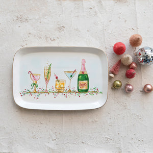 Stoneware Platter w/ Holiday Cocktails & Gold Electroplating, Multi Color