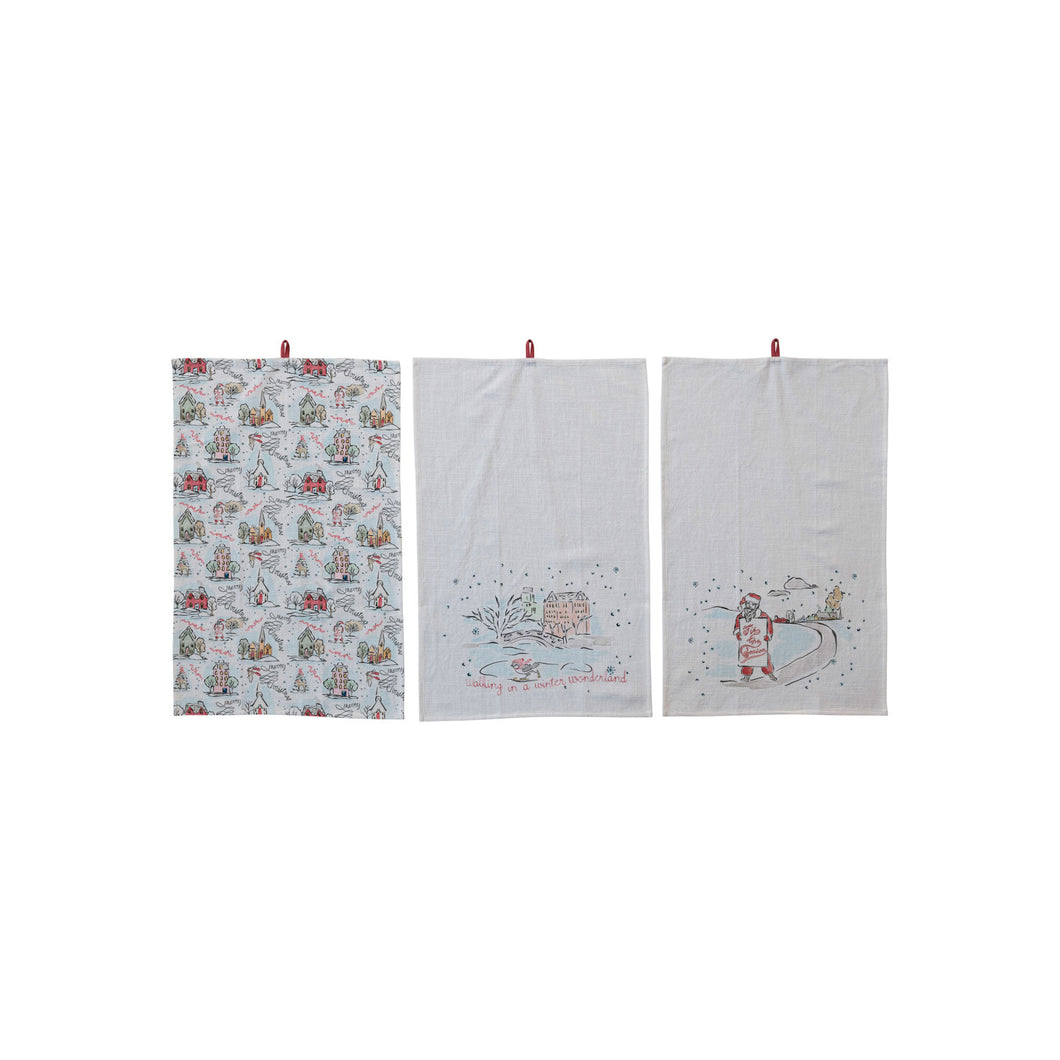 Cotton Printed Tea Towel with Holiday Scene, 3 Styles
