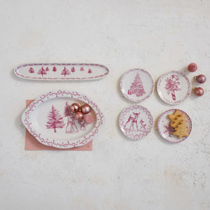 Pink & Cream Stoneware Platter with Deer & Trees