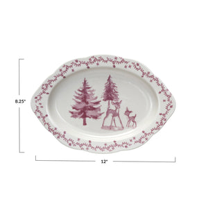 Pink & Cream Stoneware Platter with Deer & Trees