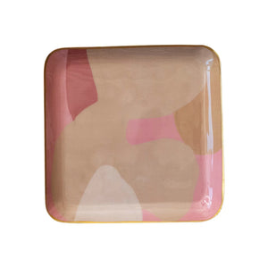 Enameled Metal Tray w/ Abstract Design & Gold Finish Rim