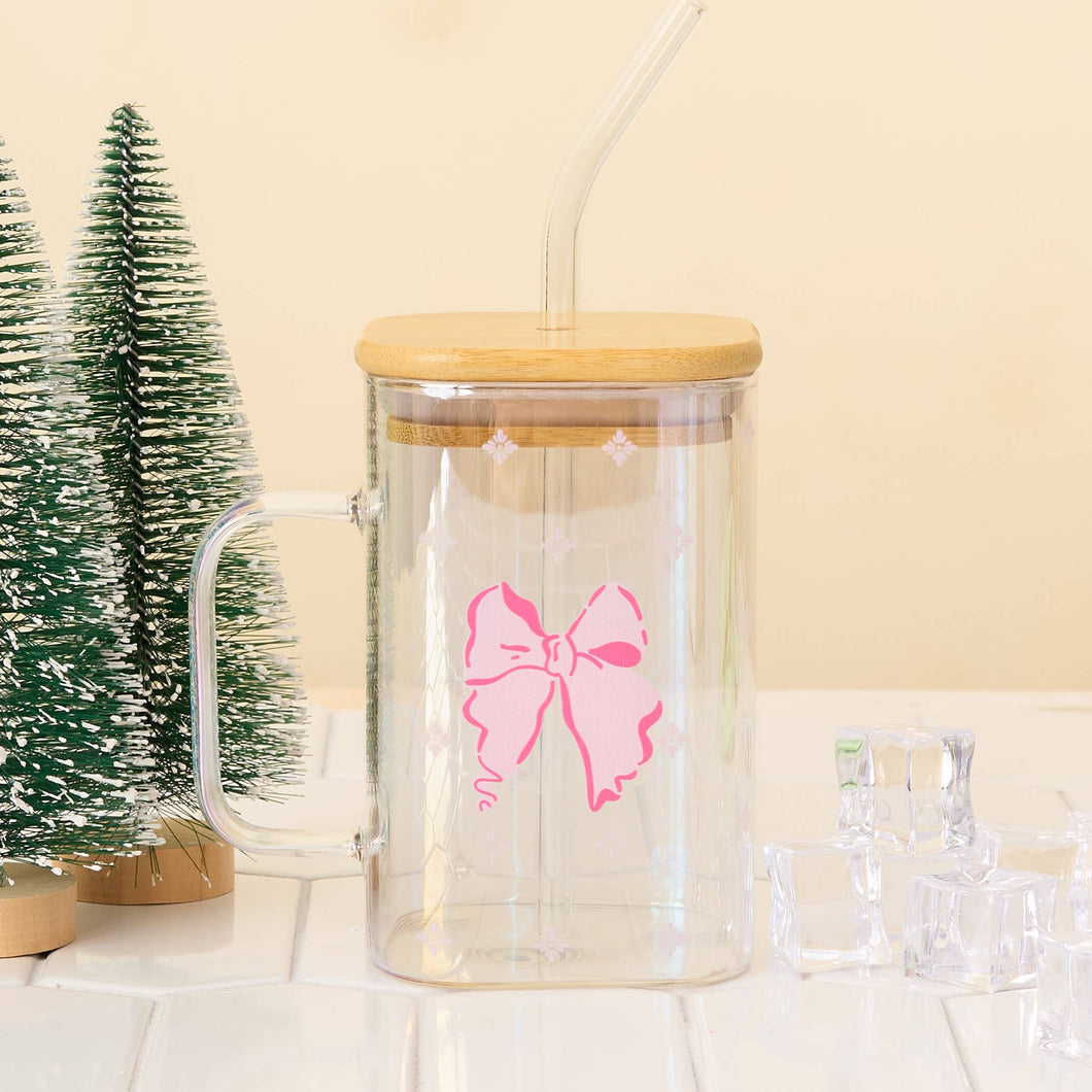 Pink Bow Square Glass Cup