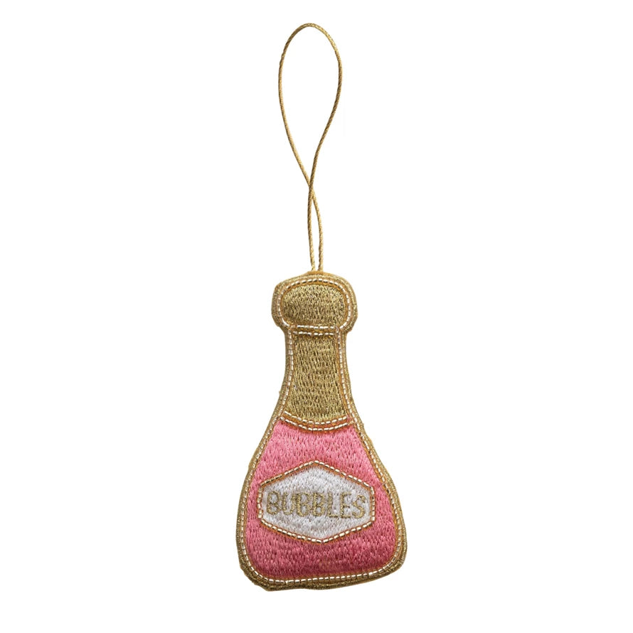 Fabric Champagne Bottle Ornament w/ Embroidery & Beads 