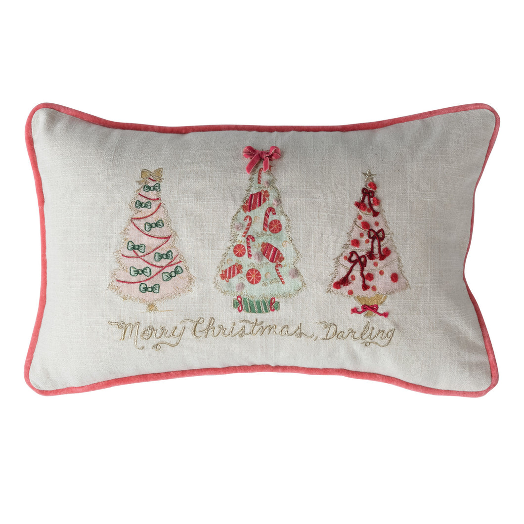 Lumbar Pillow with Christmas Trees, Embroidery, Piping & Velvet Back ©