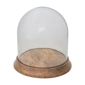 6-1/4" Round x 6-1/4"H Glass Cloche with Mango Wood Base