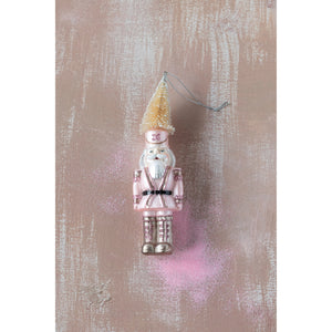 7-1/2"H Hand-Painted Glass Soldier Ornament with Bottle Brush Hat and Glitter, Pink