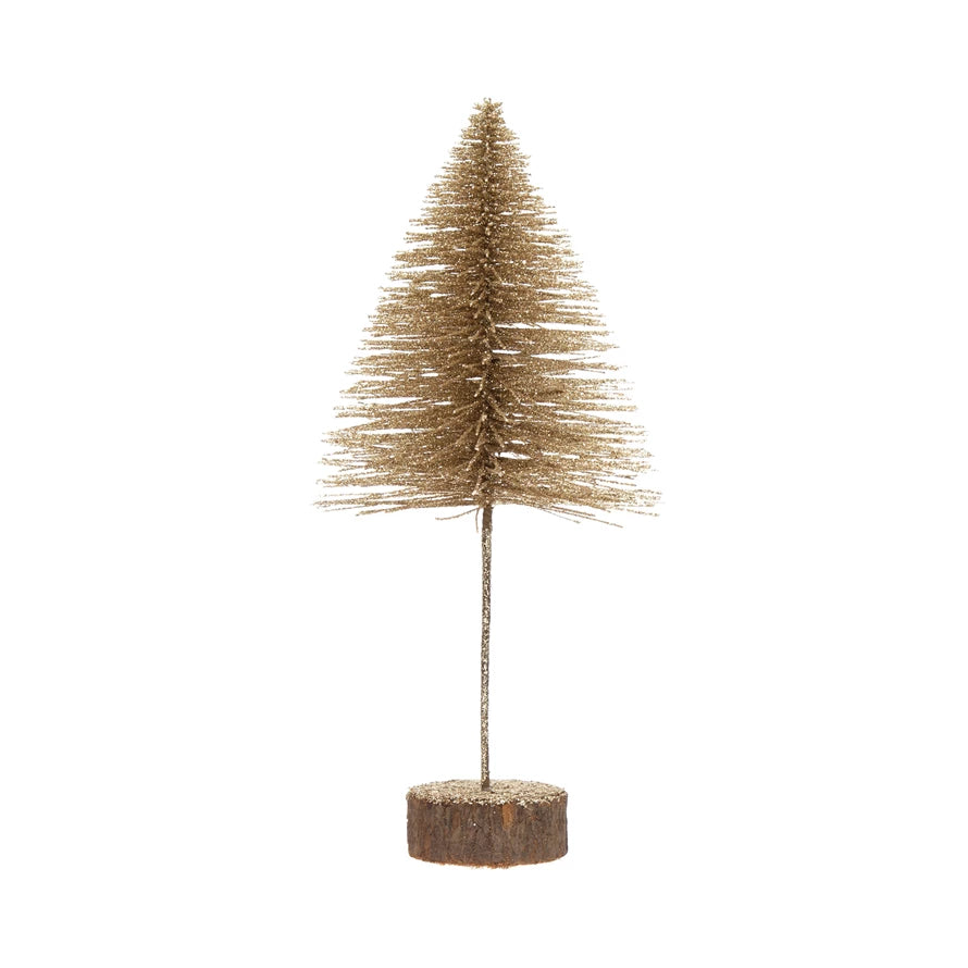 Plastic Bottle Brush Tree with Glitter and Wood Slice Base, Champagne Color